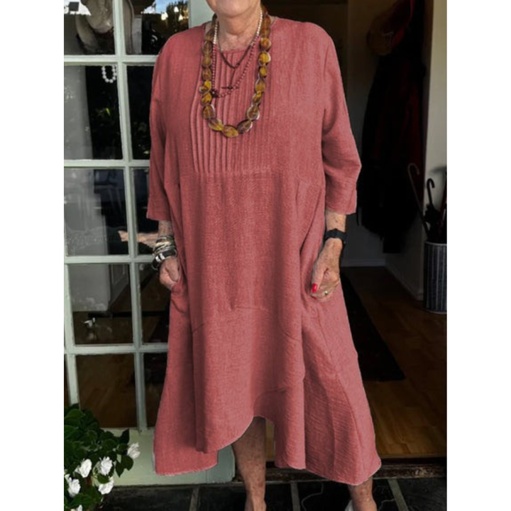 Rust red pleated irregular-hem midi dress with three-quarter sleeves and scoop neckline