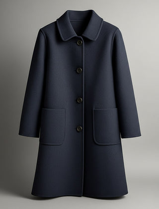 Elio wool coat in navy blue with notched collar, button front, and two patch pockets.