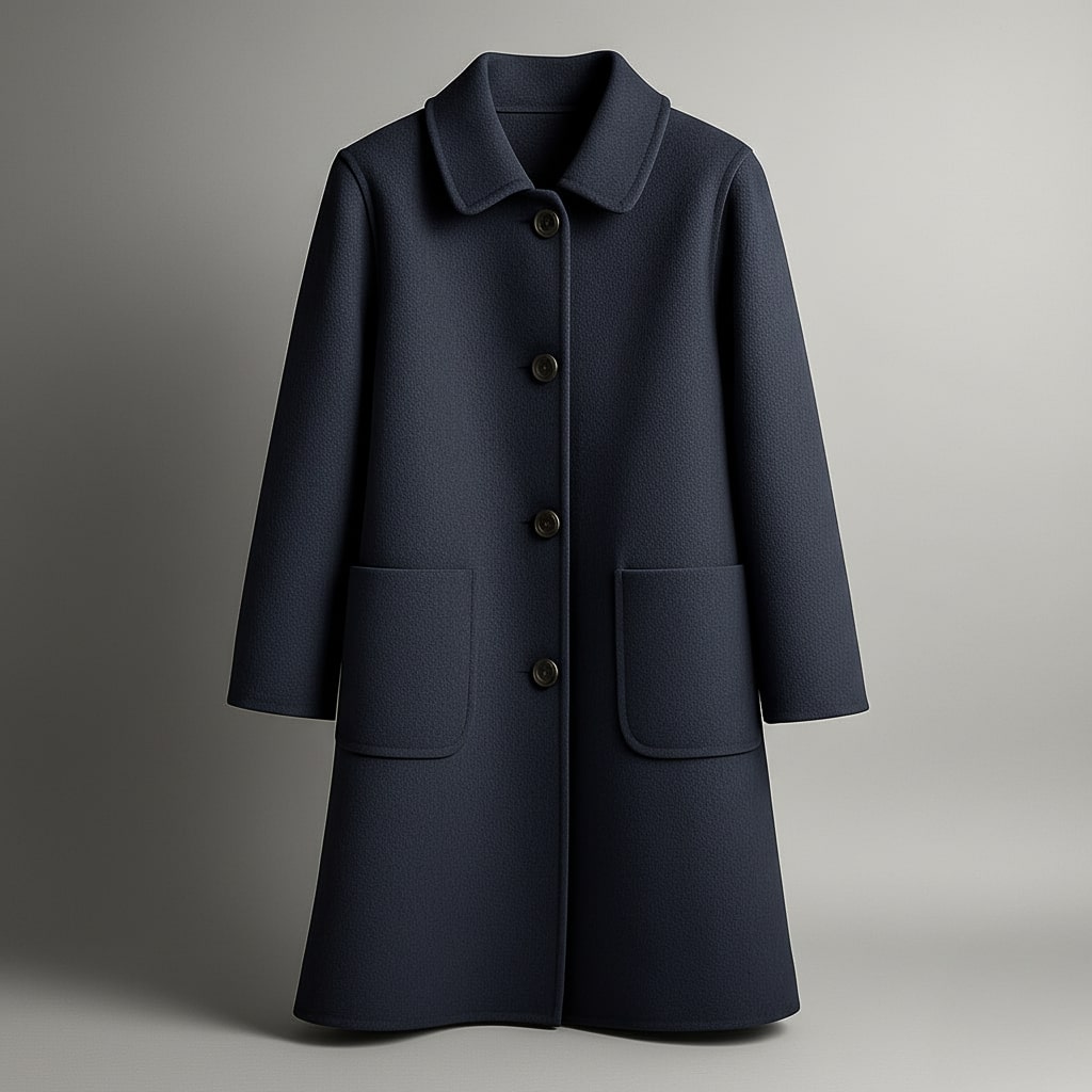 Elio wool coat in navy blue with notched collar, button front, and two patch pockets.