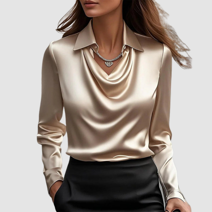 Beige satin blouse with draped cowl neckline and pointed collar, long sleeves