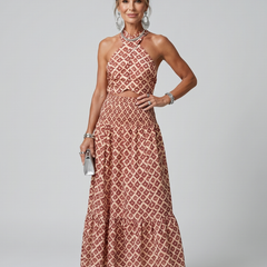 Red geometric print halter midi dress with cutout waist and cross ties