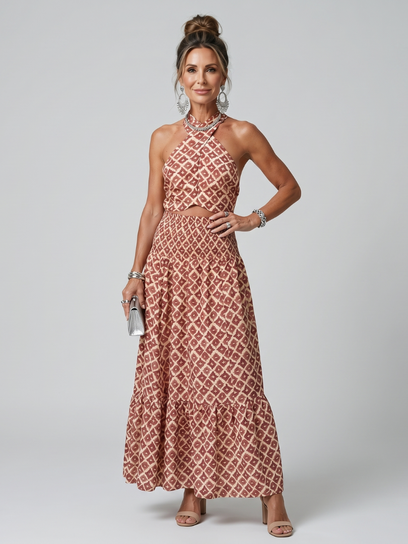 Red geometric print halter midi dress with cutout waist and cross ties