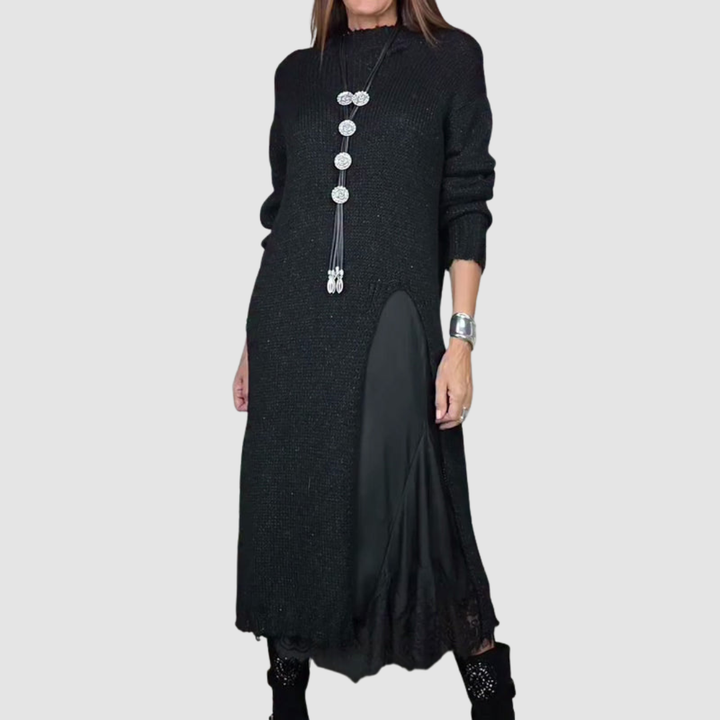Black knit maxi dress set with long sleeves, high neck, side-slit overlay, lace hem