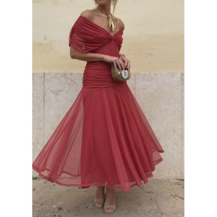 Red mesh flower midi dress with off-shoulder drape and gathered tiered skirt