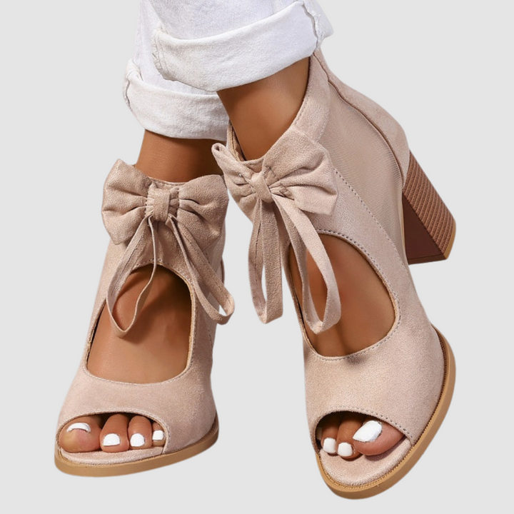 Women's orthopedic beige bow heels with mesh inserts and peep toe, block heel