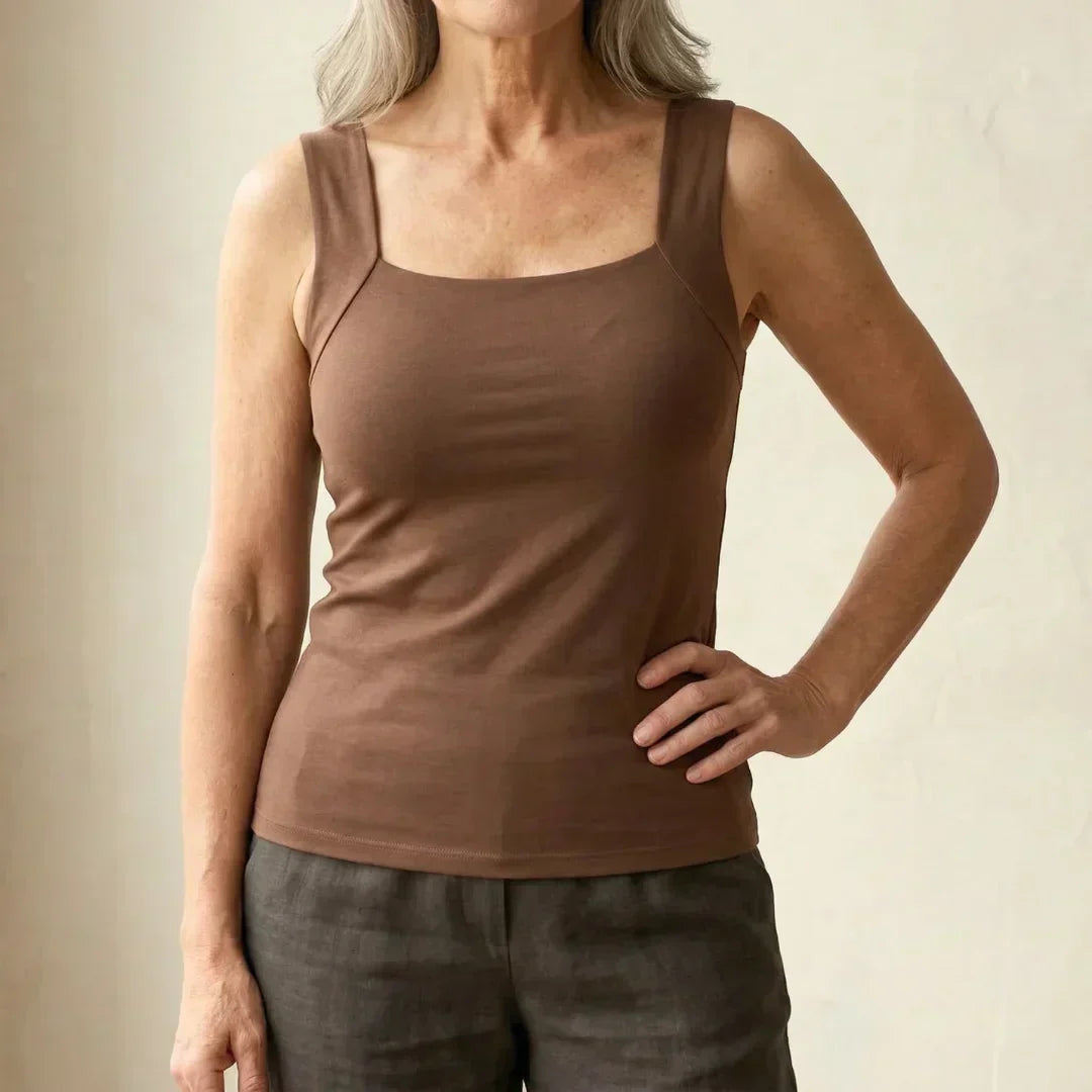 Brown built-in comfort bra tank top with square neckline and thin spaghetti straps