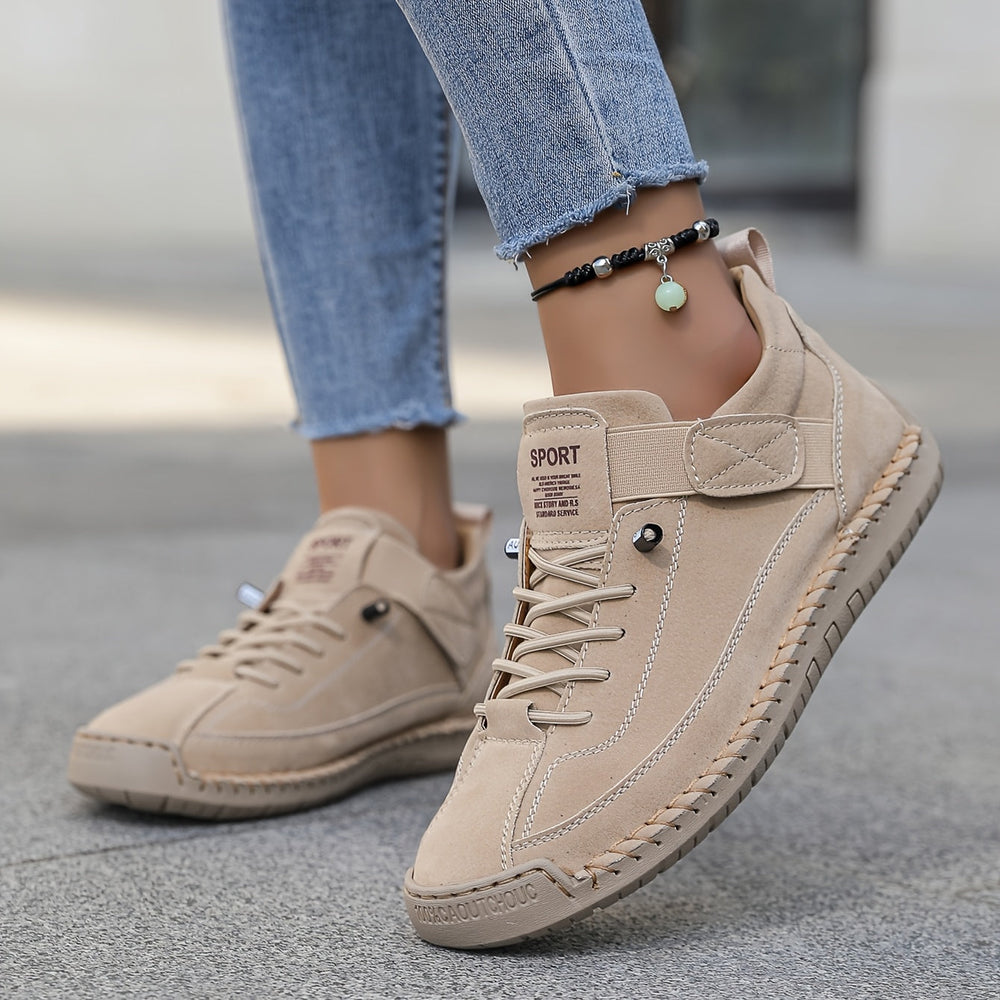 Orthopedic comfort sneaker in beige with hook-and-loop strap and lace-up.