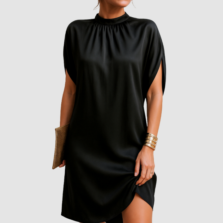 Black short sleeve dress with high gathered neckline and side slit at hem