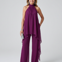 Purple halter-neck tunic set with asymmetric draped hem and wide-leg pants