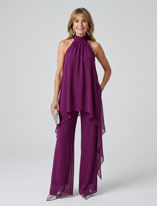Purple halter-neck tunic set with asymmetric draped hem and wide-leg pants