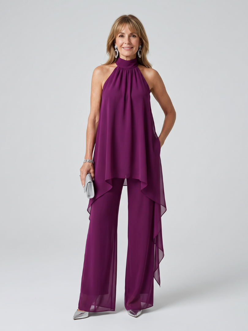 Purple halter-neck tunic set with asymmetric draped hem and wide-leg pants