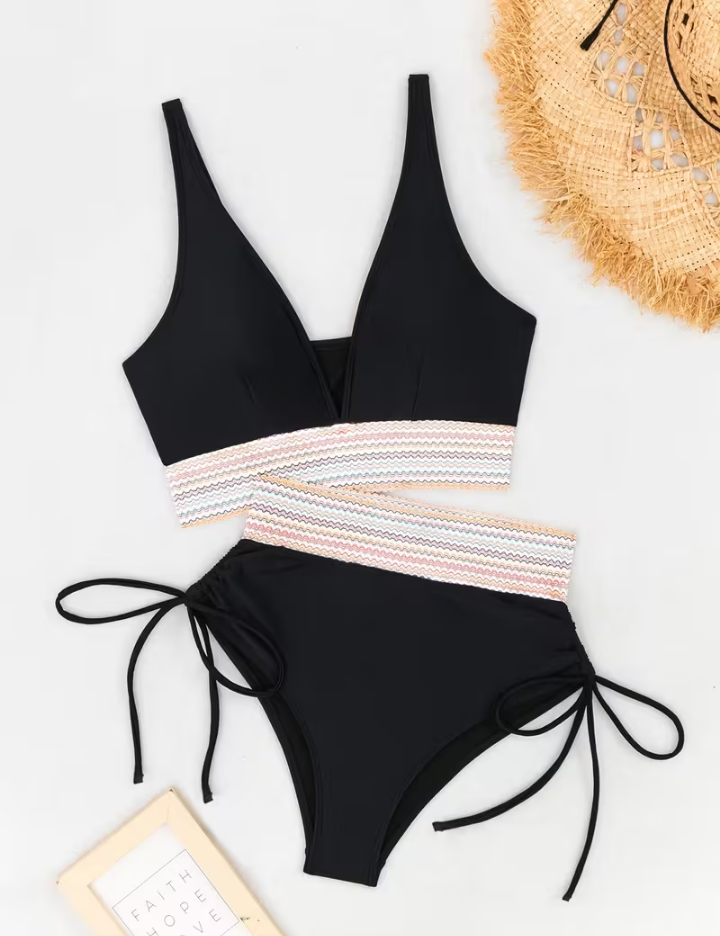 Black tummy coverage bikini set with triangle top, striped mid-band and tie-side bottoms