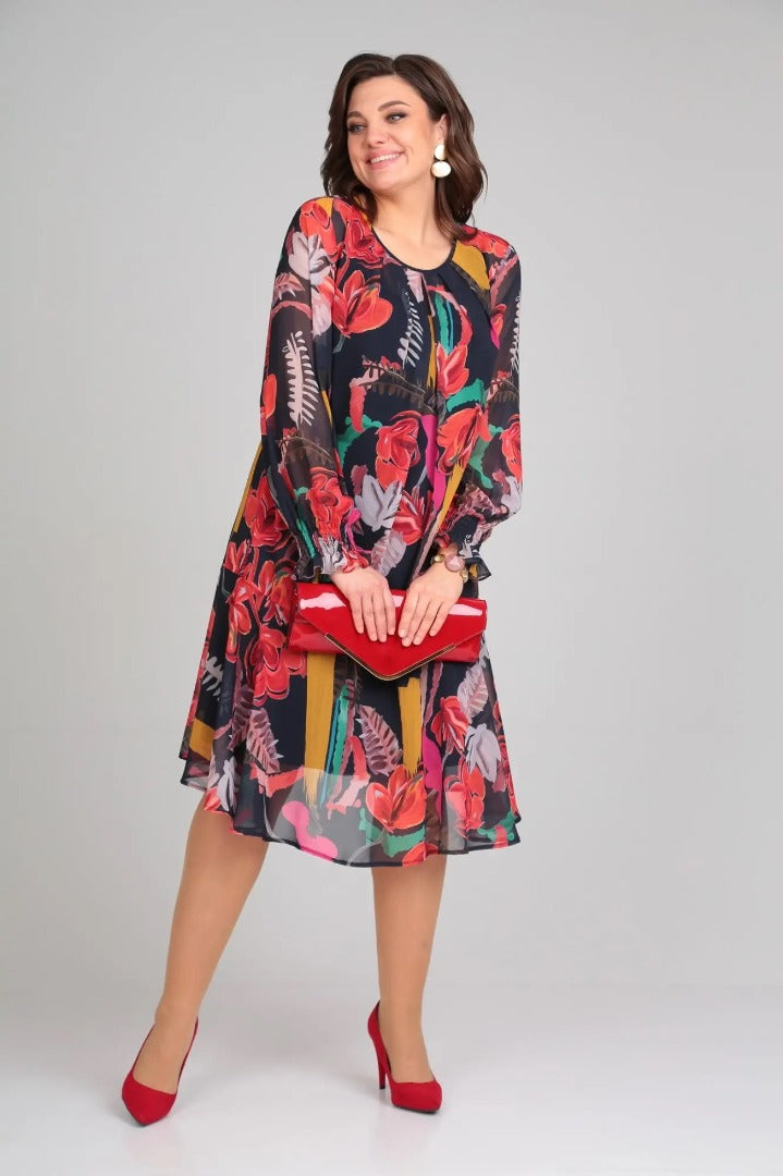 Florinda™ floral dress front view, dark navy floral print with red and green; long sleeves