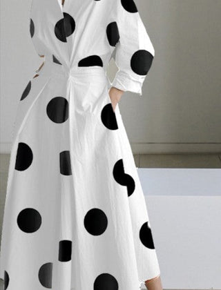 White shirt dress with black polka dots, long sleeves, belted waist