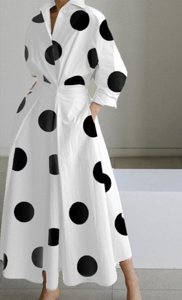 White shirt dress with black polka dots, long sleeves, belted waist