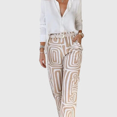 Emilia™ pants set: white blouse, khaki geometric trousers with wide belt