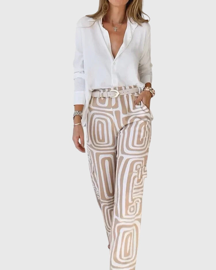Emilia™ pants set: white blouse, khaki geometric trousers with wide belt