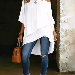White asymmetric blouse with wide square neckline and draped hi-lo hem