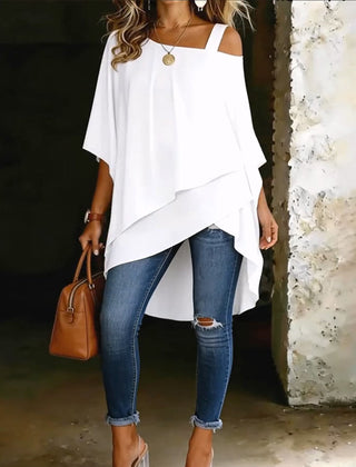 White asymmetric blouse with wide square neckline and draped hi-lo hem