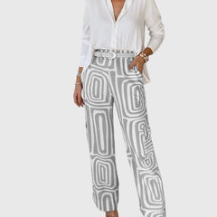 Emilia™ pants set: white blouse, gray geometric trousers, studded belt
