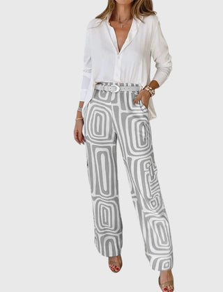 Emilia™ pants set: white blouse, gray geometric trousers, studded belt