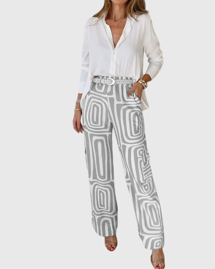 Emilia™ pants set: white blouse, gray geometric trousers, studded belt