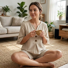 Beige casual set with button-front tunic and matching shorts, ruffled sleeve hem