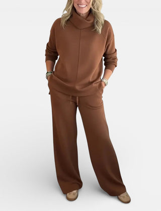 Brown two-piece lounge set with hooded pullover and wide-leg pants
