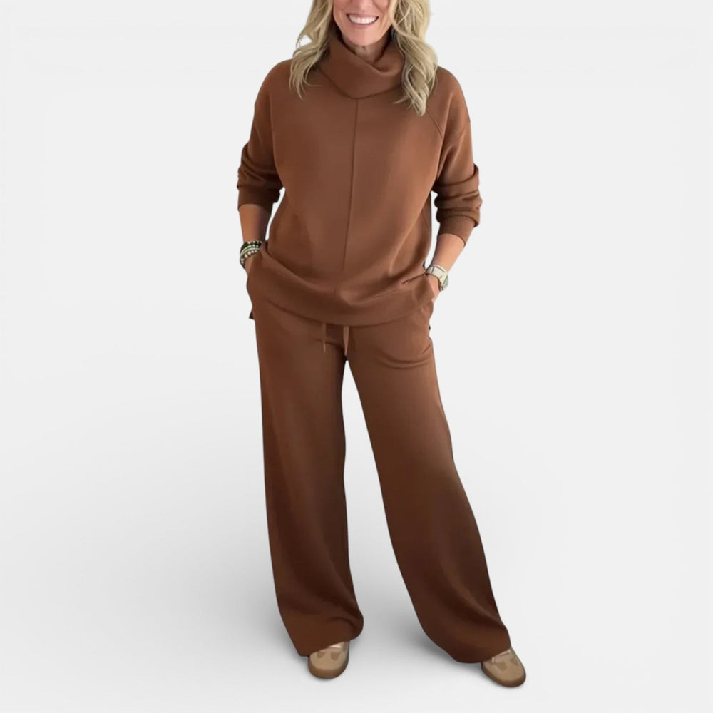Brown two-piece lounge set with hooded pullover and wide-leg pants