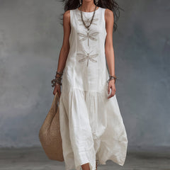 White sleeveless maxi dress with scoop neckline and dragonfly embroidery tiered skirt
