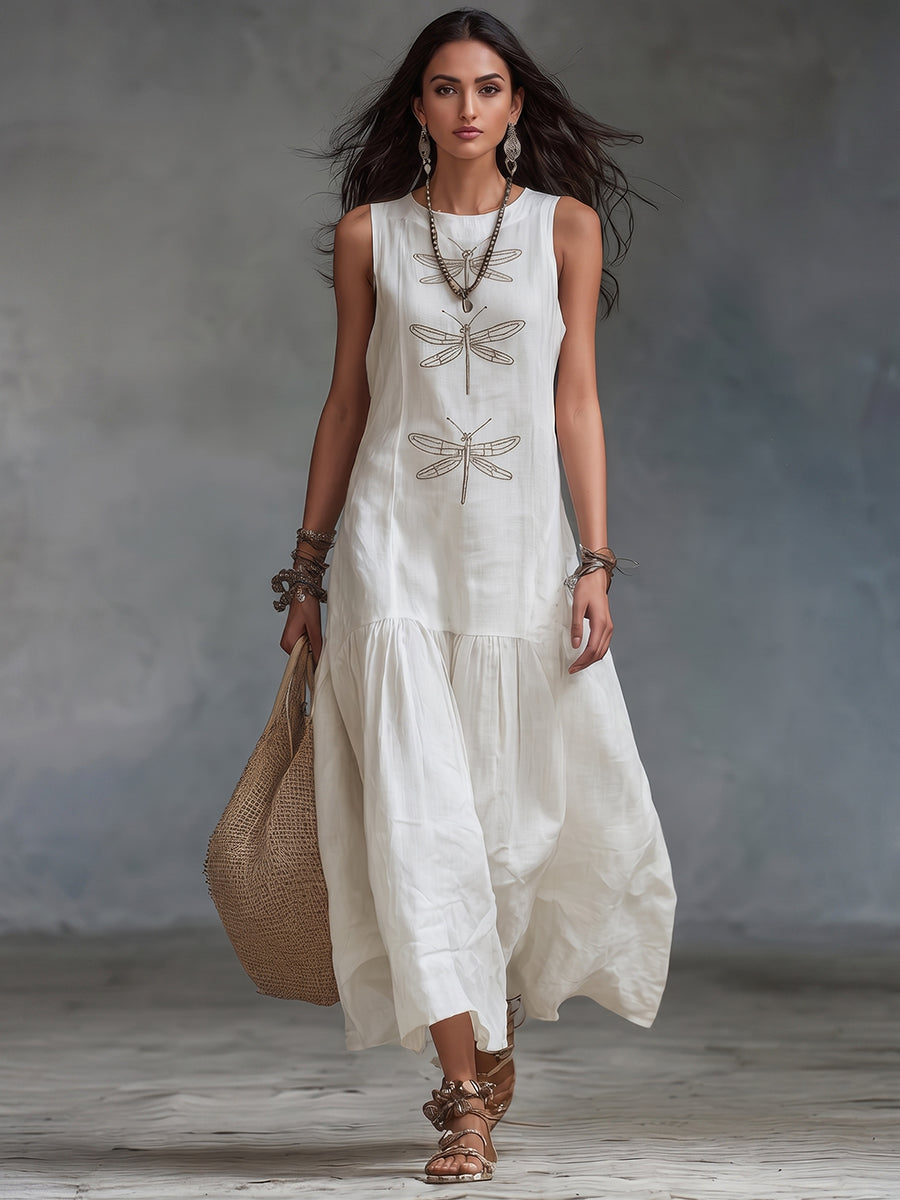 White sleeveless maxi dress with scoop neckline and dragonfly embroidery tiered skirt