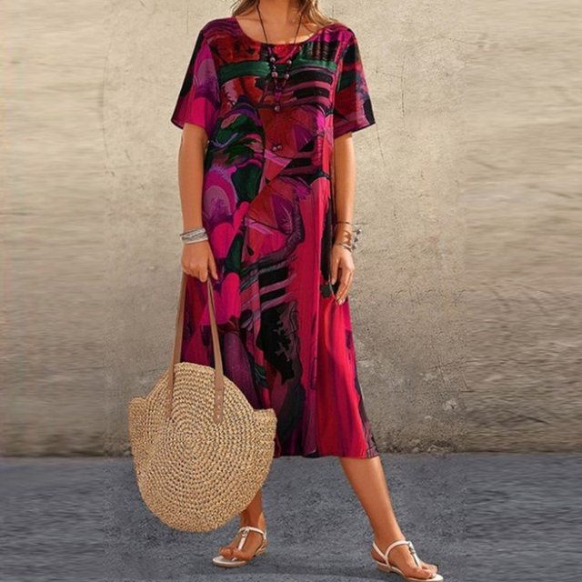 Fuchsia printed midi dress with short sleeves and scoop neckline, buttoned front