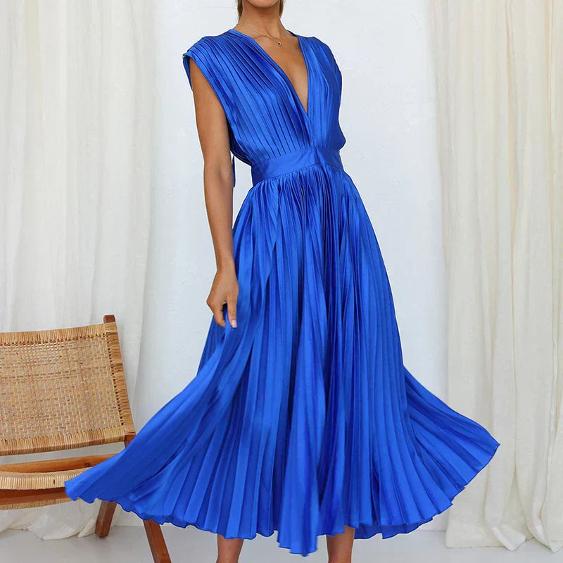 Blue pleated V-neck maxi dress with cap sleeves and gathered waist