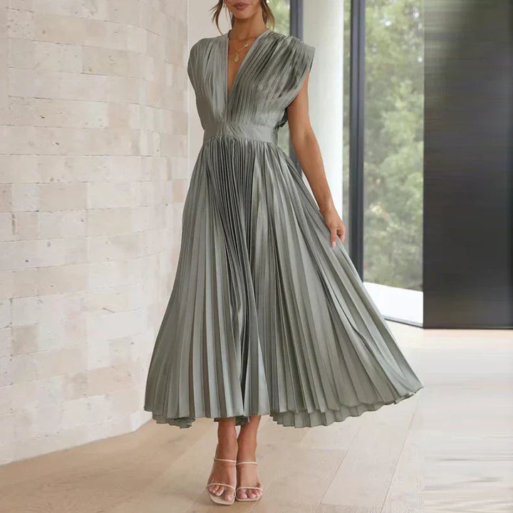 Pleated V-neck maxi dress with gathered waist, short sleeves, sage gray