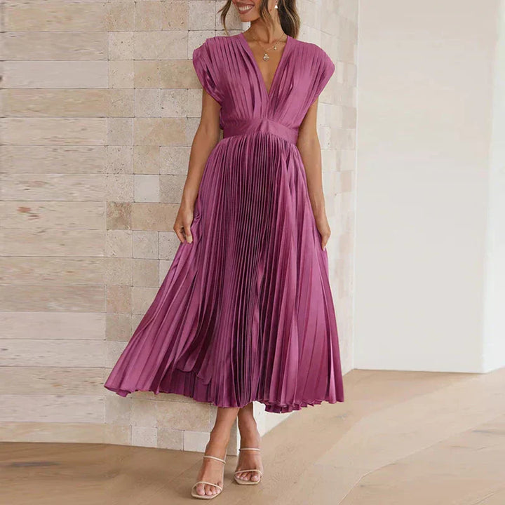 Pleated V-neck maxi dress with gathered waist, short sleeves, plum purple