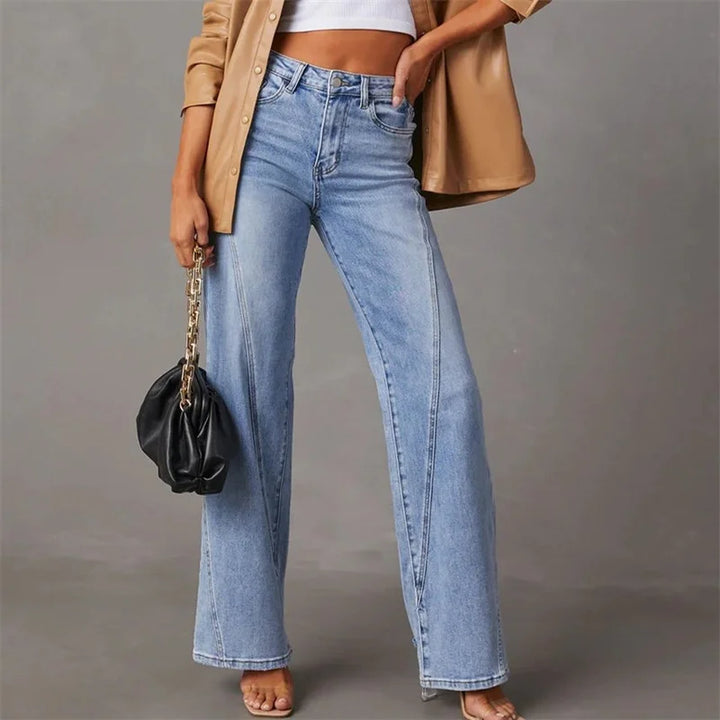 Light blue flared jeans with front pockets, belt loops, and faded wash