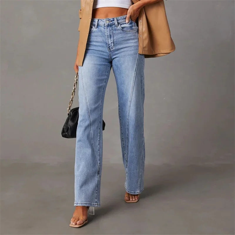 Light blue flared jeans with front creases, belt loops, and straight-to-flare silhouette