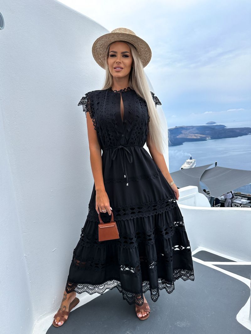 Black long tiered lace dress with cap sleeves and lace-trim hem