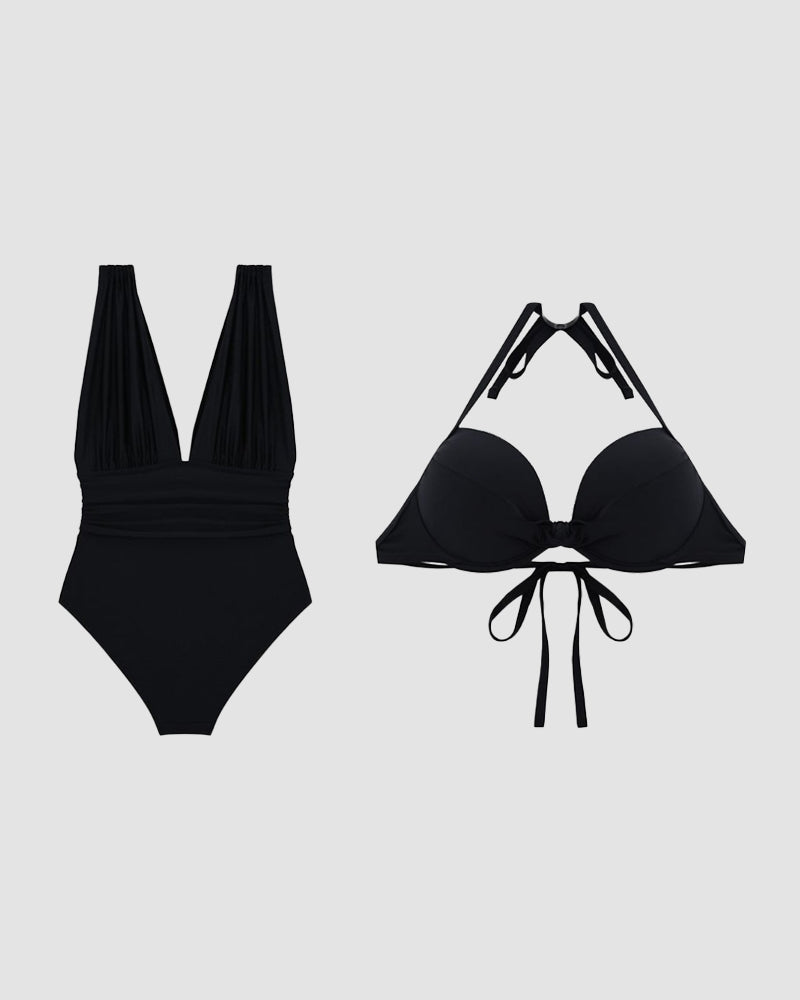 Black swimwear flat lay showing one-piece view and halter bikini top view.