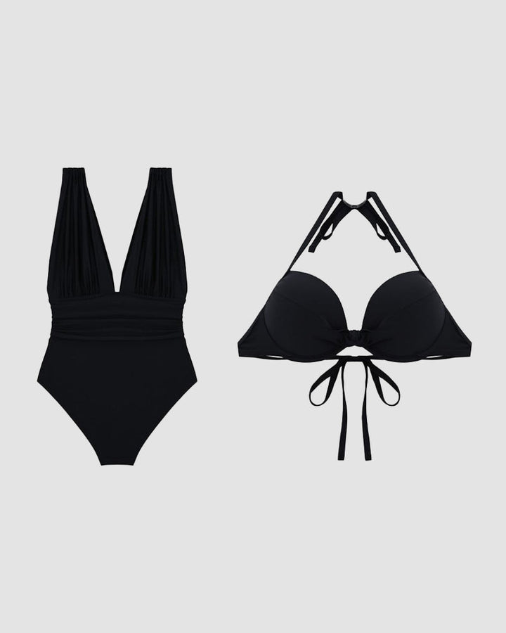 Black swimwear flat lay showing one-piece view and halter bikini top view.