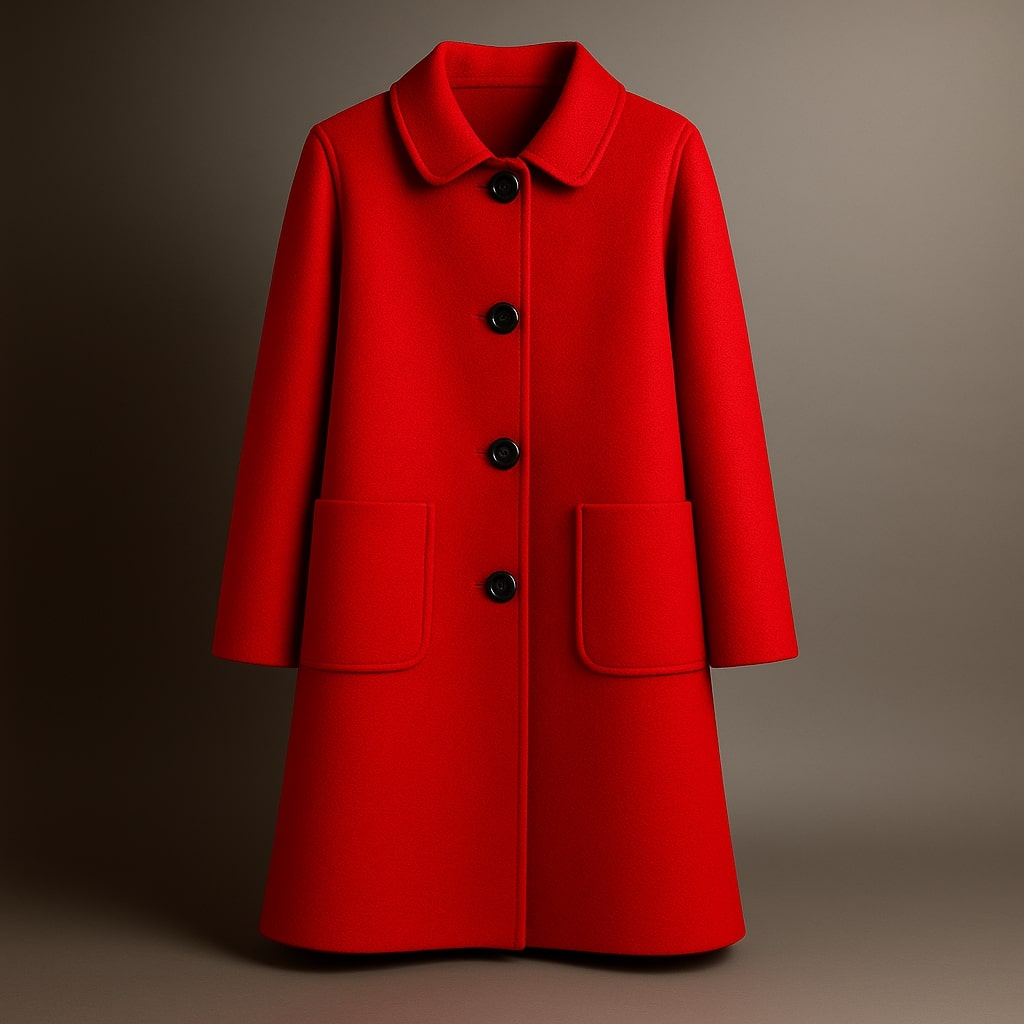 Elio wool coat in red with notched collar, button front, and two patch pockets.