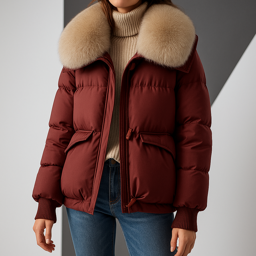 Burgundy puffer jacket with faux fur collar, front zip, flap pockets, ribbed knit cuffs