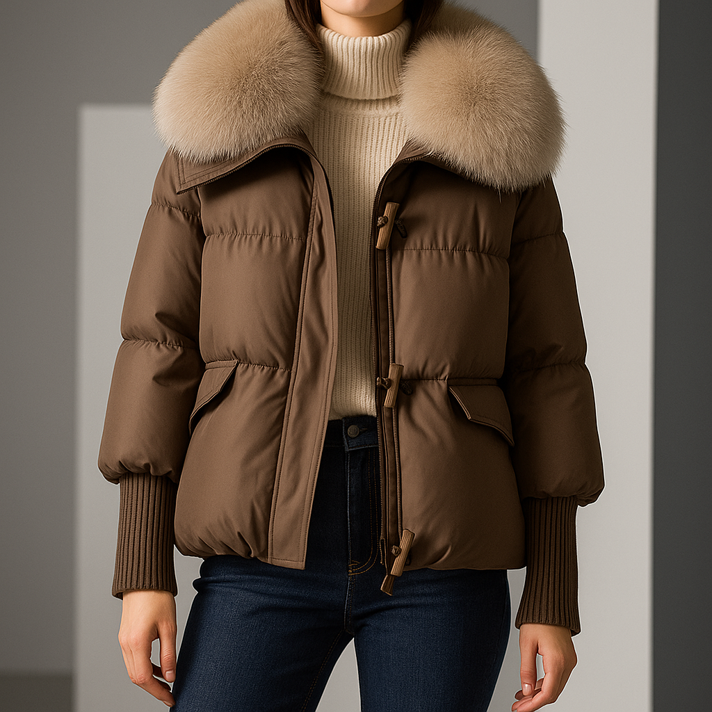 Brown puffer jacket with faux fur collar, front zipper, flap pockets, ribbed knit cuffs