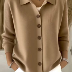 Beige button-front knit cardigan with point collar and dark buttons, long sleeves
