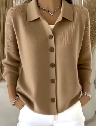 Beige button-front knit cardigan with point collar and dark buttons, long sleeves