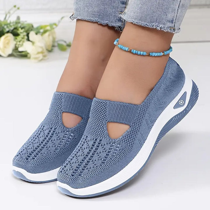 Odelia™ non-slip orthopedic shoes in blue knit, slip-on style with side cutout