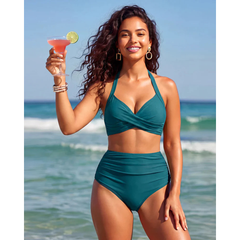 High-waisted tummy control 2-in-1 bikini set, teal triangle halter with high-waist briefs