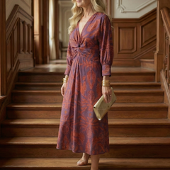 Wrap midi dress with long sleeves in purple and rust floral print