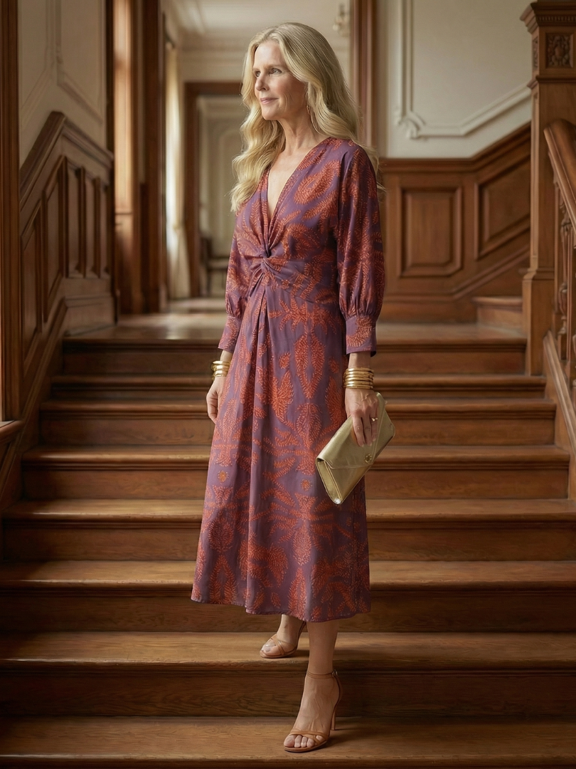 Wrap midi dress with long sleeves in purple and rust floral print