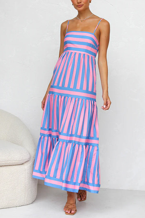 Light blue and pink striped tiered maxi dress with spaghetti straps